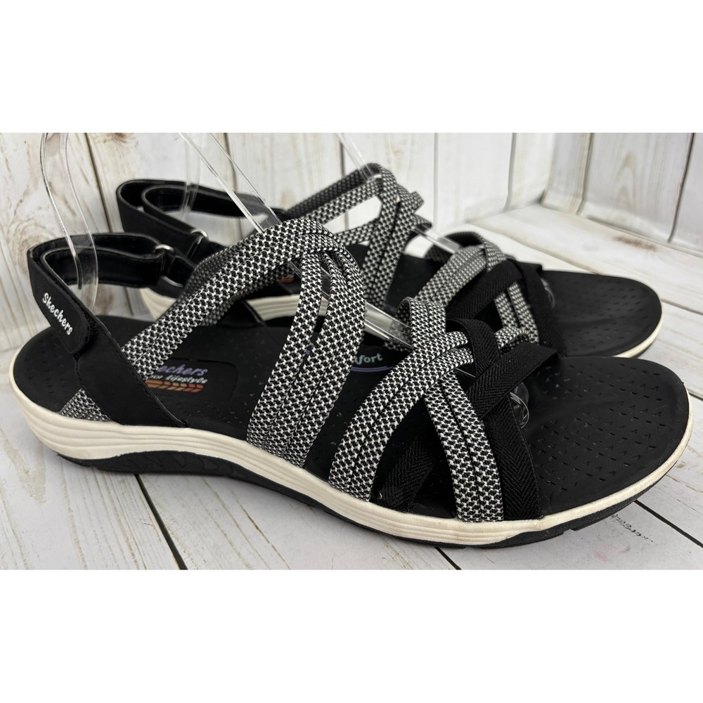 Skechers Reggae Slim Vacay Black White Strappy Slingback Sandals Womens 11
